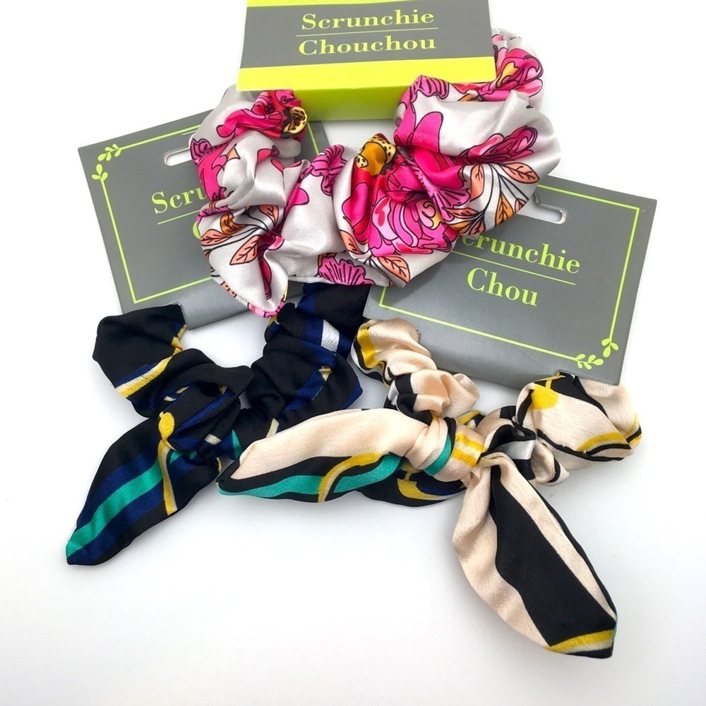 Designer Scarf Silk Satin Scrunchies Set - Floral Patterns